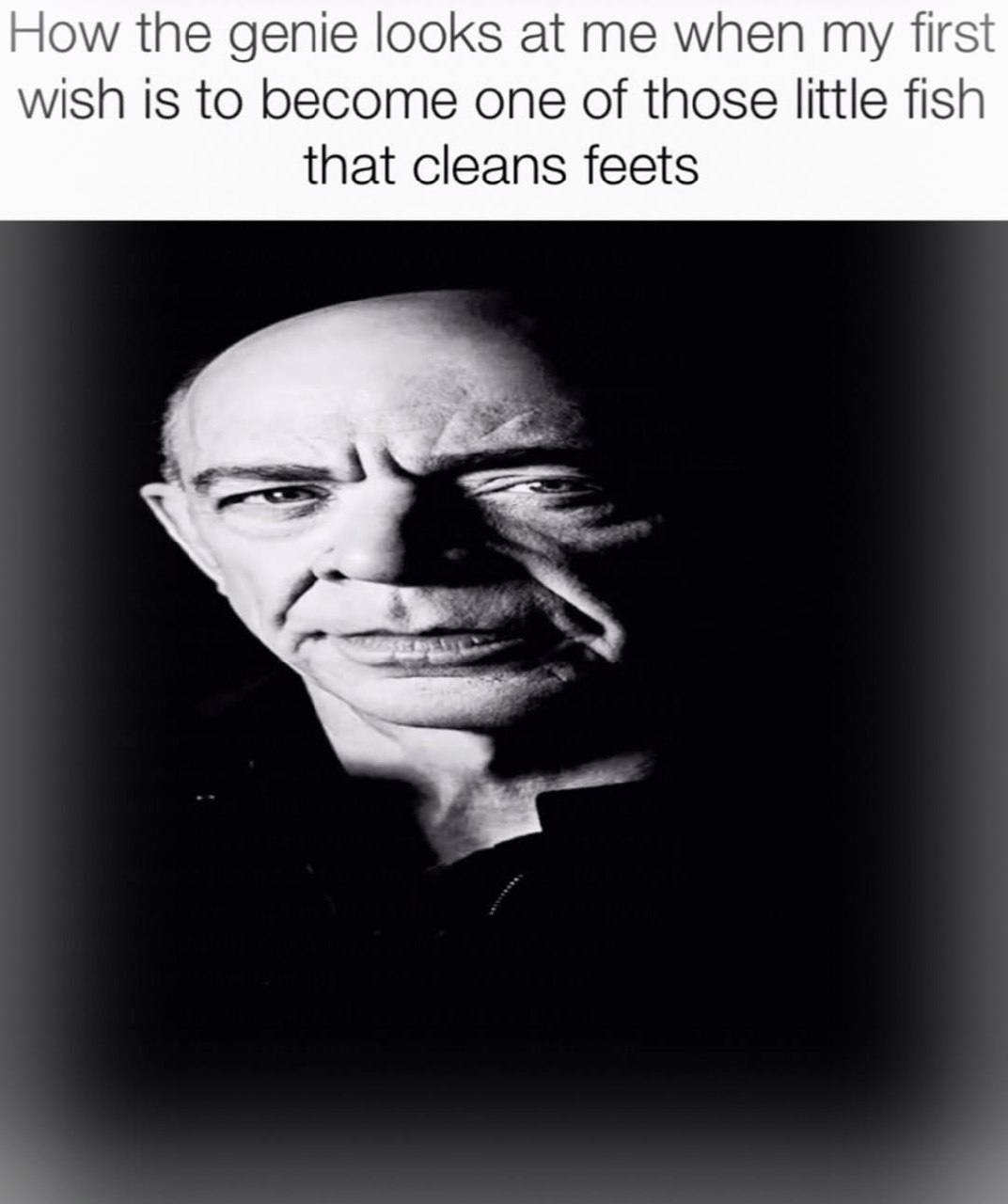 How the génie looks at me when my first wish isto become one of those little fish that cleans feets: